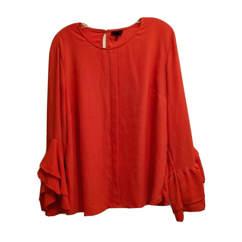 "WHO-WHAT-WEAR" Blouse Women's Plus XXL Bust~46" Red Silky Fabric Ruffled Sleeve